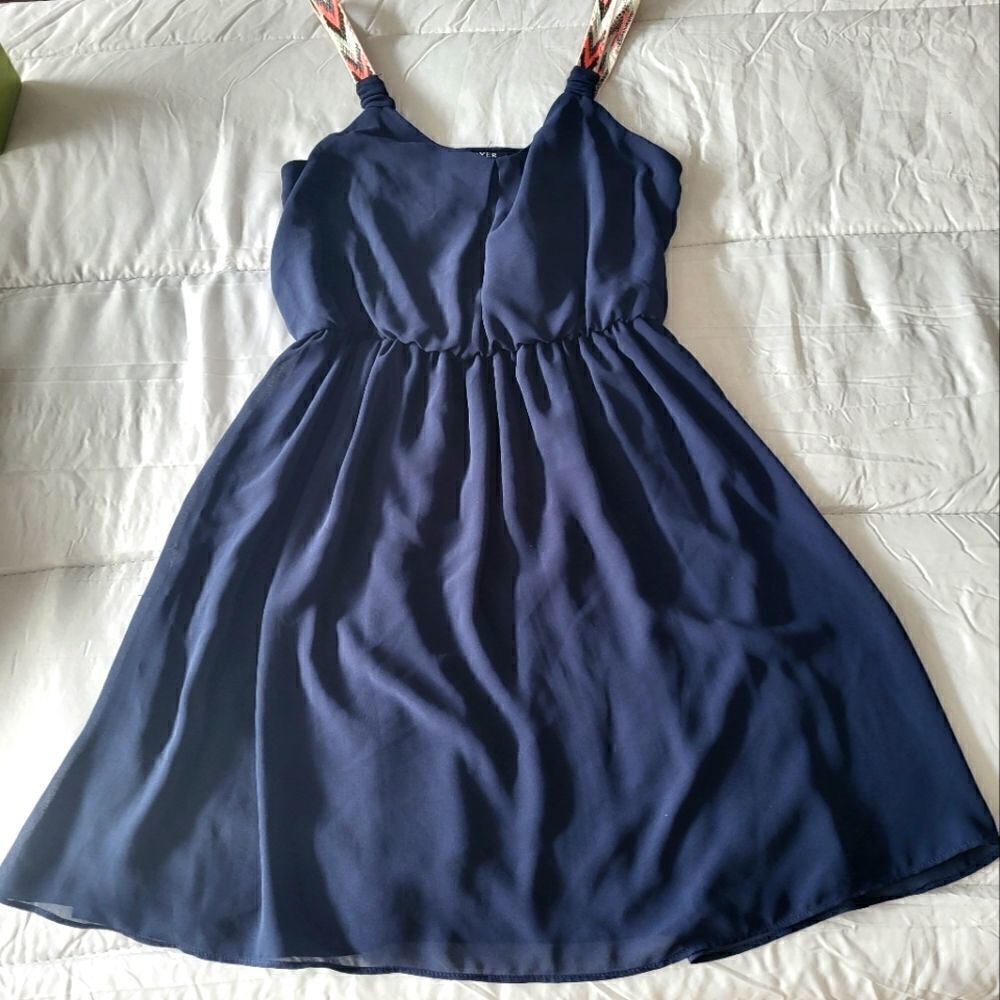 A.Byer Navy Blue Chiffon‎ Mini ALine Dress Size XS Tribal Print Straps